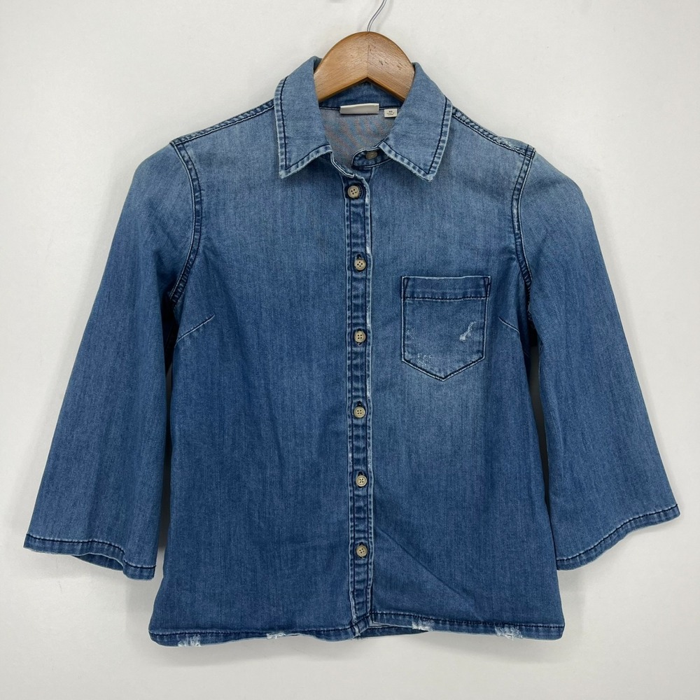 AG Adriano Goldschmied Twilight Haze Denim Shirt Distressed Hem XS